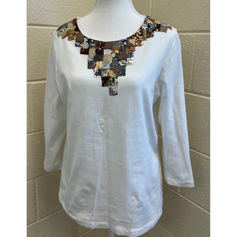 Ruby Rd Womens LARGE White Embellished Sequin Bead 3/4 Sleeve Knit Top